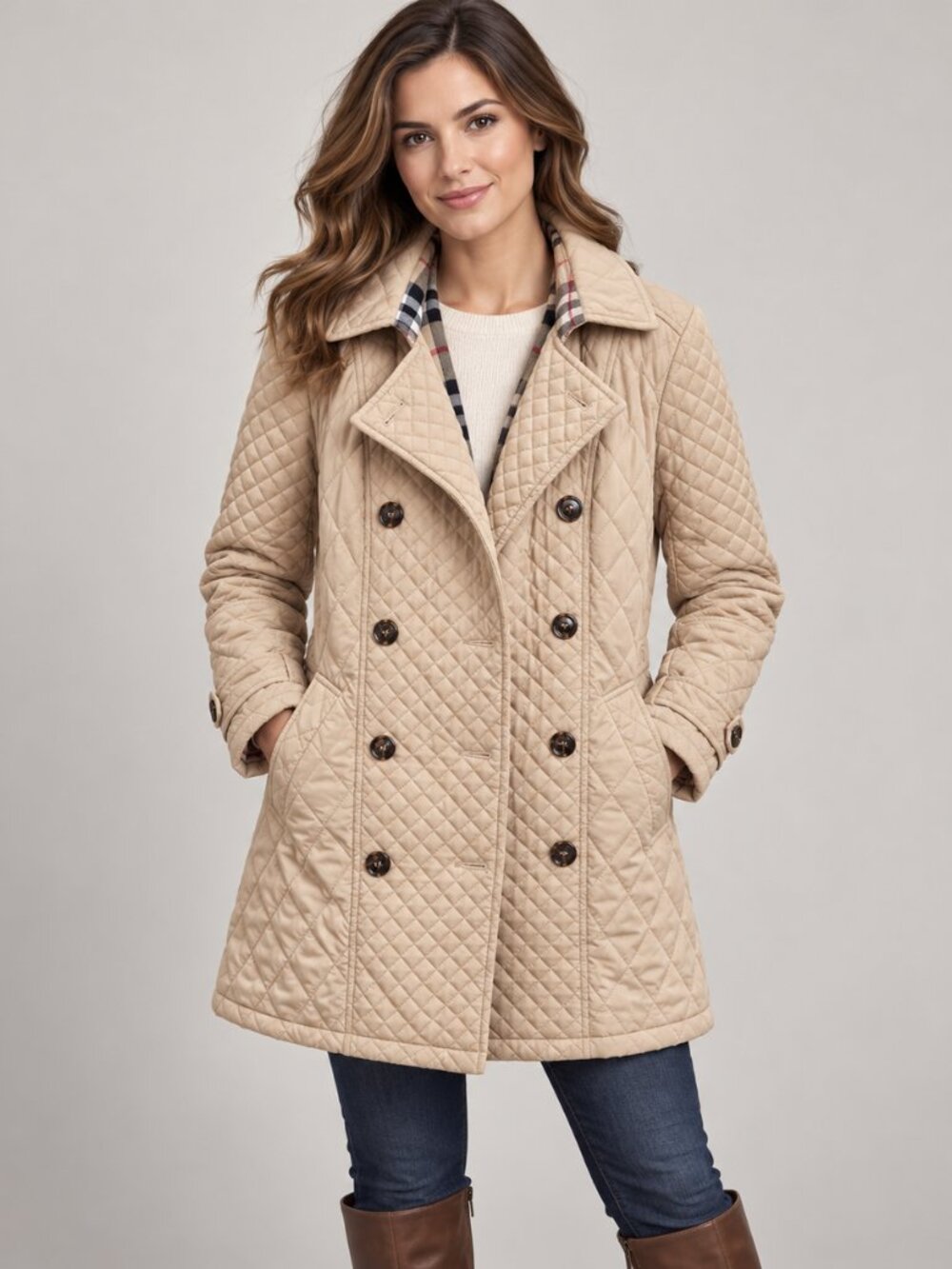 Burberry Quilted Double-Breasted Pea Coat in Beige